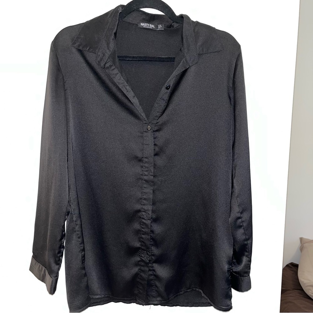 Black Satin Button-Up Shirt